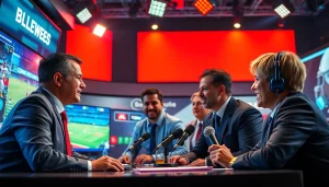 Engaging commentators in sports broadcasting studio discussing live games with vibrant atmosphere.