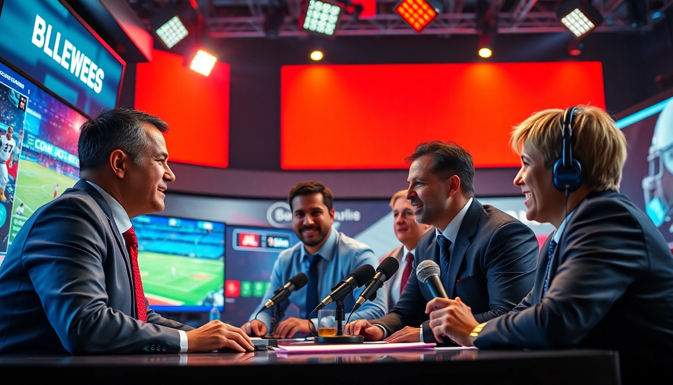 Engaging commentators in sports broadcasting studio discussing live games with vibrant atmosphere.