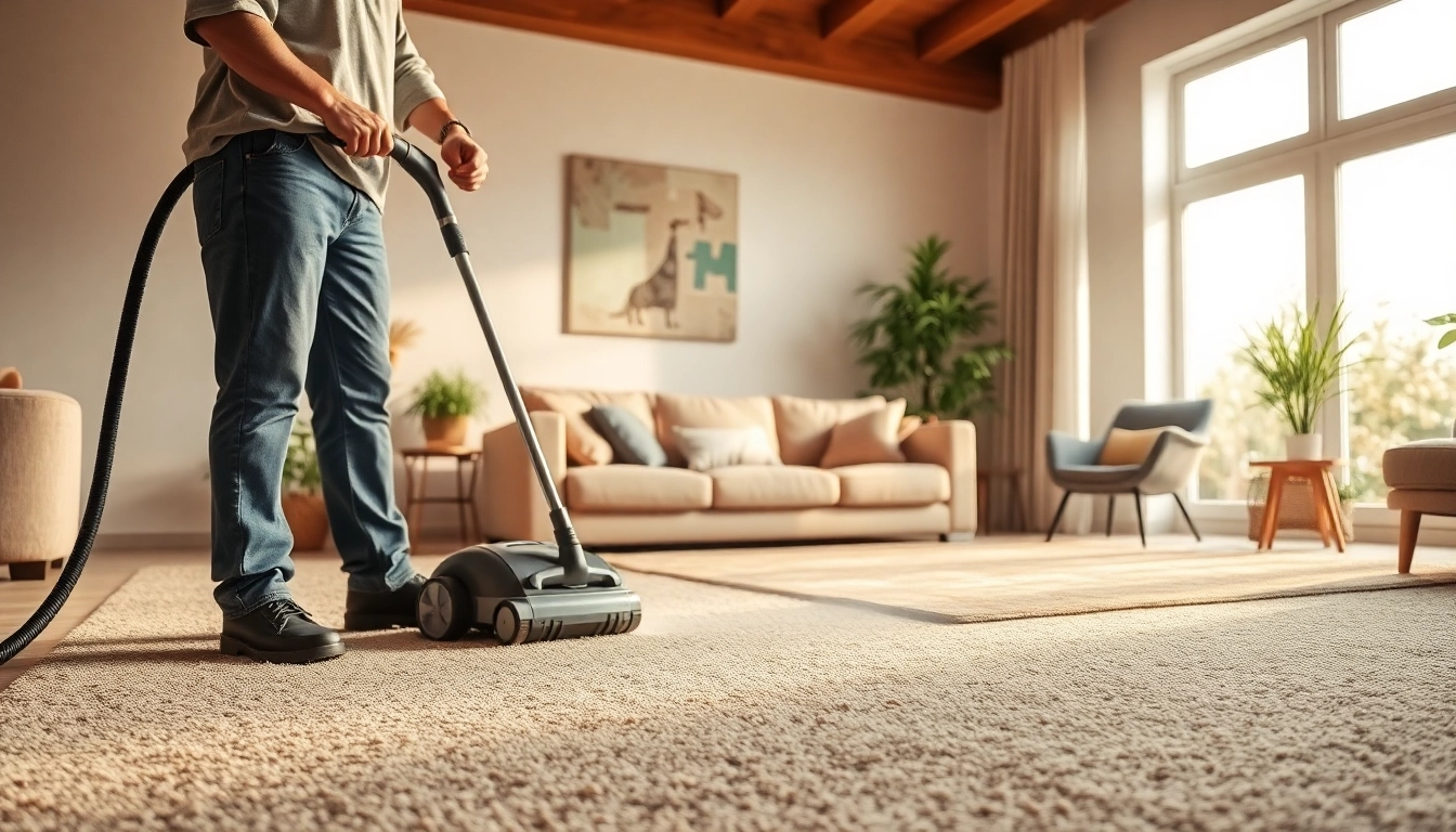 Professional local carpet cleaners demonstrating their service in a sunlit living room.