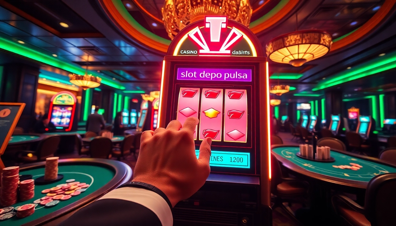 Petaruh yang berinteraksi dengan mesin slot depo pulsa yang penuh warna di kasino mewah.