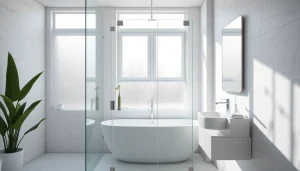 Shower screen door featured prominently in a modern bathroom setting with bright lighting.