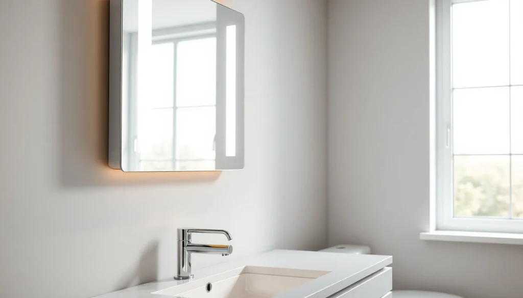 Illuminate your space with a stunning mirror light mirror, enhancing the bathroom's modern aesthetic.