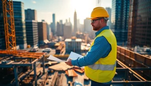 New York City General Contractor managing an urban construction site under bright lighting.