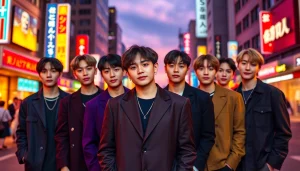 BTS members posing together, showcasing unity and style, in a vibrant urban setting.