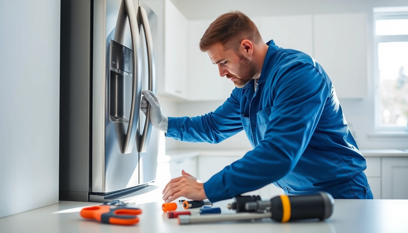 Technician performing refrigerator repair ottawa in a bright kitchen environment.