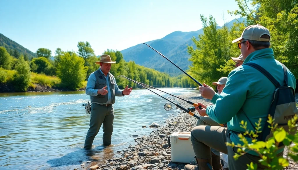 Engaging fly fishing lessons near me with a professional instructor guiding eager students.