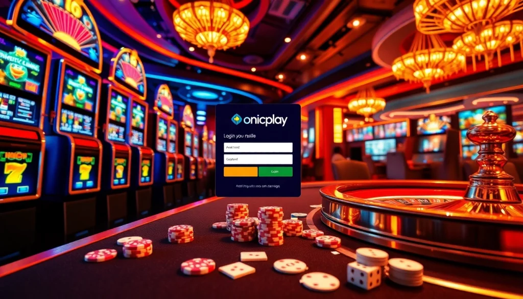 Experience the excitement of Onicplay login with captivating casino visuals featuring slot machines and poker chips.