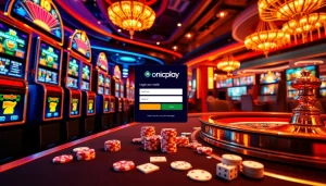 Experience the excitement of Onicplay login with captivating casino visuals featuring slot machines and poker chips.