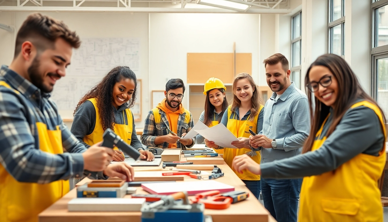 Engaged students at construction trade schools in texas collaborating in a vibrant workshop.