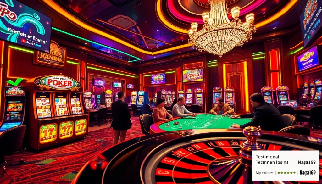 Winning moments at Naga169 highlighted by vibrant slot machines and engaging poker action in a luxurious casino atmosphere.