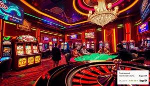 Winning moments at Naga169 highlighted by vibrant slot machines and engaging poker action in a luxurious casino atmosphere.