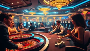 An engaging scene of gamblers playing at Onicplay's online casino, emphasizing the thrill of winning with slot machines and poker chips.