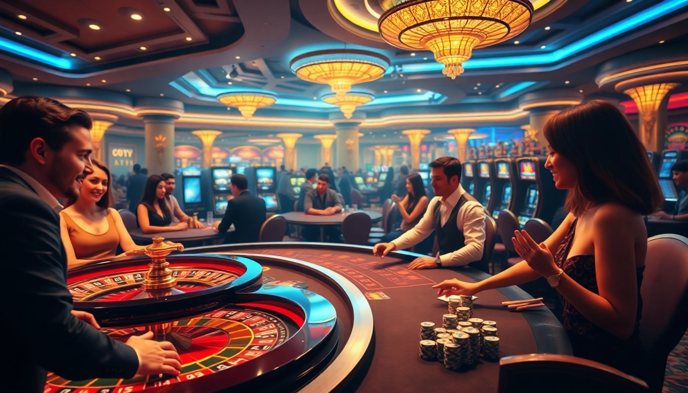 An engaging scene of gamblers playing at Onicplay's online casino, emphasizing the thrill of winning with slot machines and poker chips.