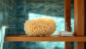 Image showcasing the best back loofah for dry skin on a wooden shelf with natural lighting.