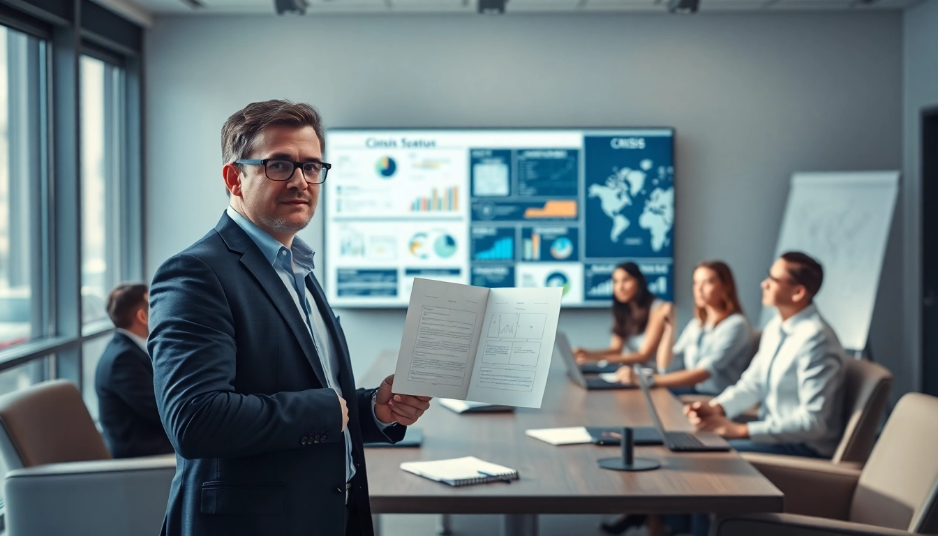 Crisis management consultant leading a team strategy session in a modern office environment.