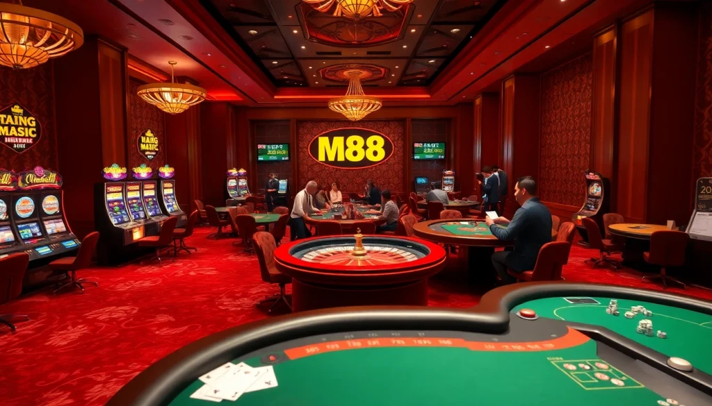 The excitement of gambling at MM 88 with vibrant slot machines and a roulette table in a luxurious casino setting.