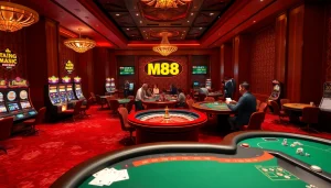 The excitement of gambling at MM 88 with vibrant slot machines and a roulette table in a luxurious casino setting.