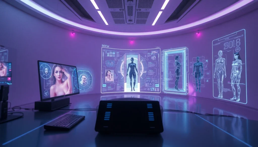 Futuristic workspace with NSFW AI technology showcasing holographic interfaces and seductive AI characters.