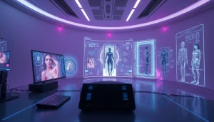 Futuristic workspace with NSFW AI technology showcasing holographic interfaces and seductive AI characters.