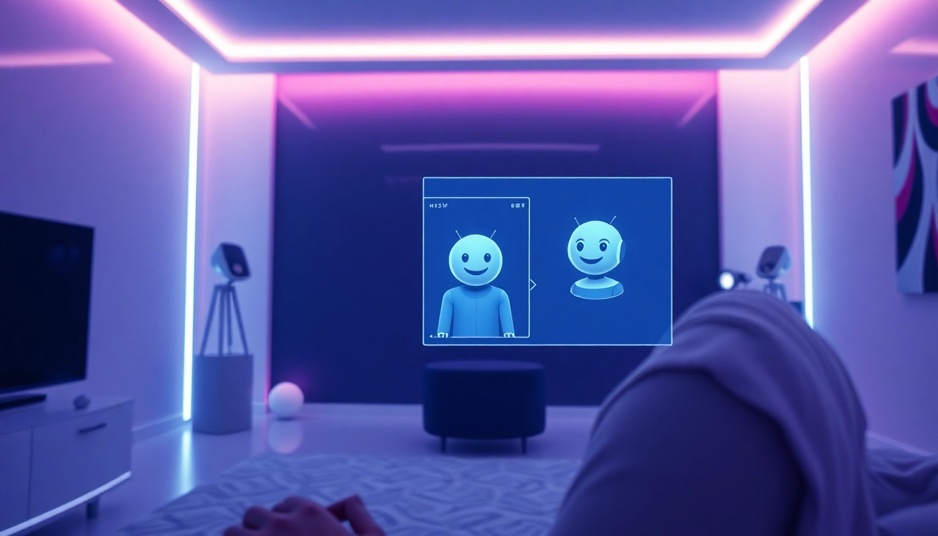 Engaging in NSFW AI chat with a futuristic holographic interface in a modern, ambient setting.