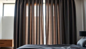 Verduisterende gordijnen creëren een rustgevende sfeer in een moderne slaapkamer.