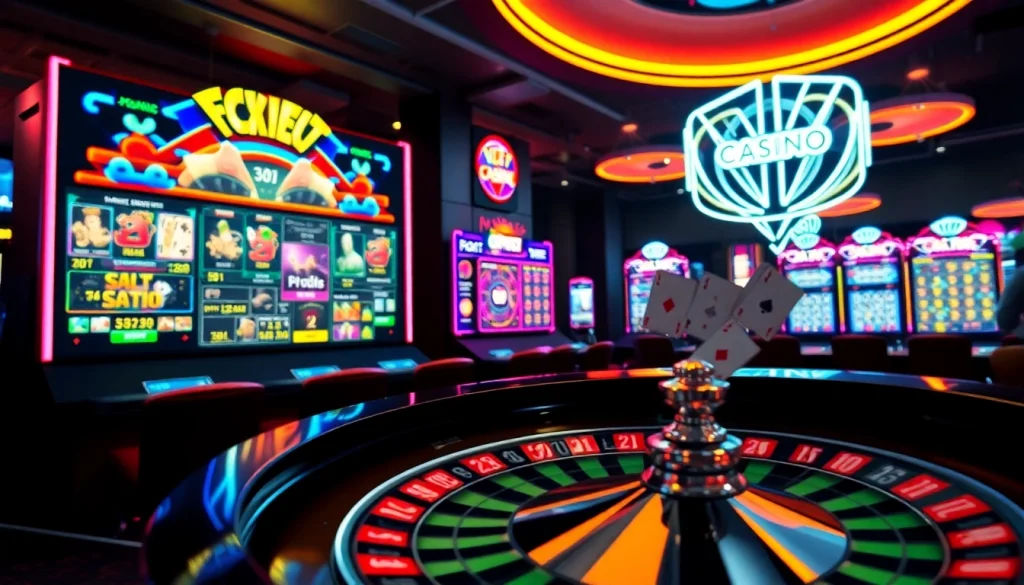 Engage with exciting csgo gambling sites amidst lively casino graphics and neon lights.