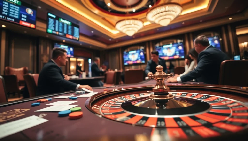 Experience sbobet action with players at a vibrant casino table, immersed in thrilling gameplay.