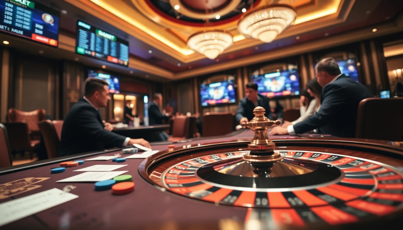 Experience sbobet action with players at a vibrant casino table, immersed in thrilling gameplay.