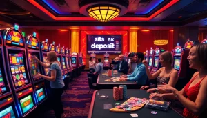 Mainkan slot yang seru di kasino situs deposit 5k dengan mesin berwarna-warni dan chip poker yang cerah.