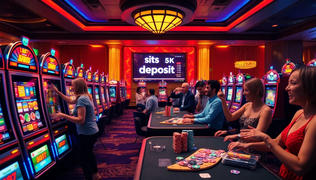 Mainkan slot yang seru di kasino situs deposit 5k dengan mesin berwarna-warni dan chip poker yang cerah.