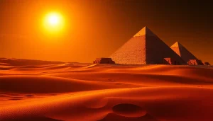 Piramental grandeur of the pyramids captured against a setting sun, evoking wonder.