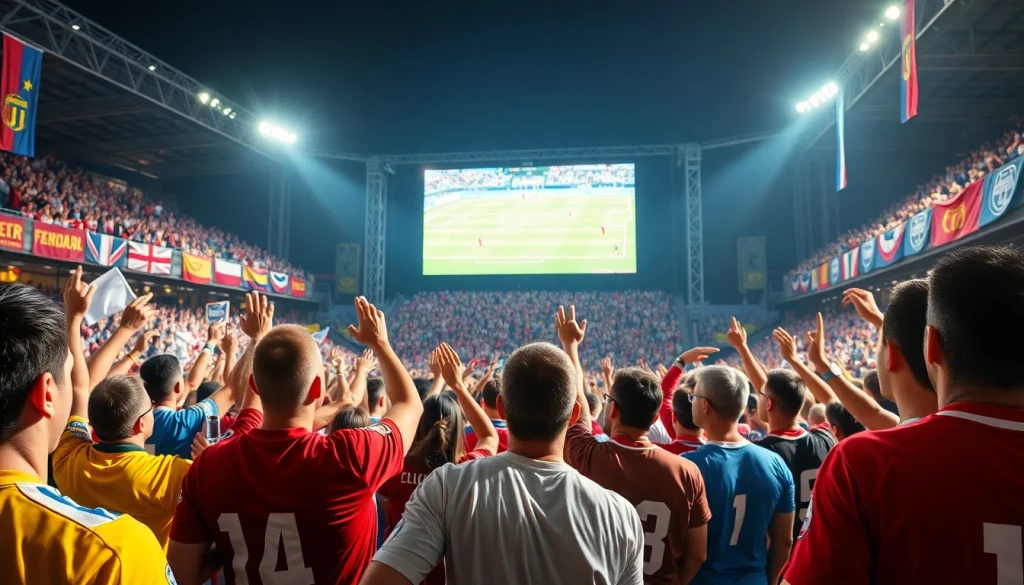 مشجعون مستمتعون بالإثارة على كوورة تي في أثناء بث مباشر لمباراة كرة قدم.