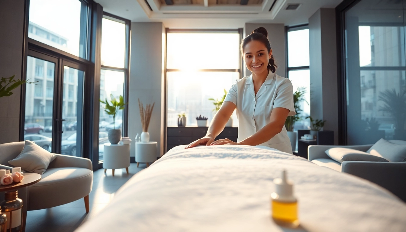 출장 massage therapy session in a serene, professional setting with a smiling therapist.