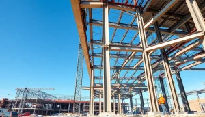 Showcasing structural steel construction at a dynamic construction site with steel beams and workers.