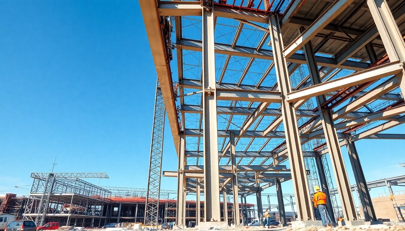 Showcasing structural steel construction at a dynamic construction site with steel beams and workers.