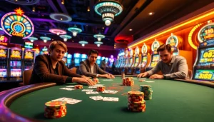 Feel the excitement of gambling at 98win58 with lively players at a luxurious poker table.
