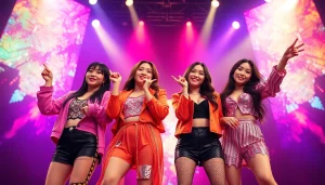 Dynamic performance by Blackpink members showcasing Jisoo, Jennie, Rosé, and Lisa in an electrifying atmosphere.