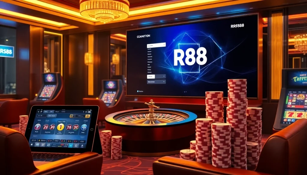 Experience the excitement of gambling at trang chủ rr88 with vibrant slot machines and a digital roulette wheel.