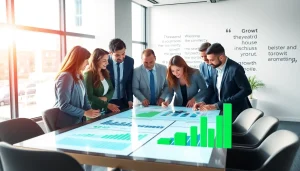 Analyze growth strategy trends with a diverse team in a vibrant office setting.