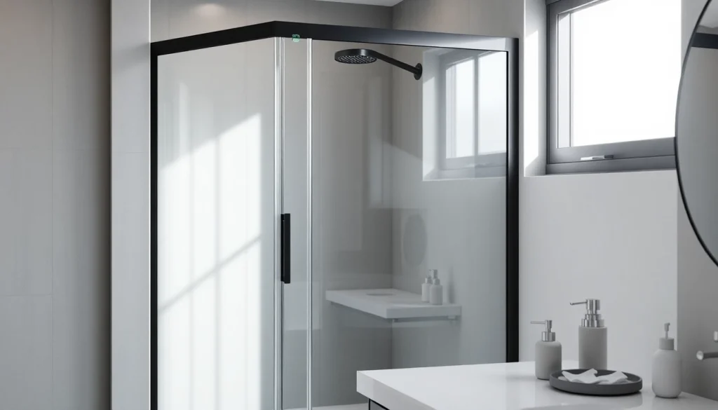 Show shower door black frame enhancing a modern bathroom's aesthetics with bright natural light.