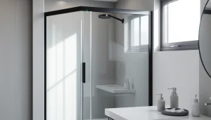 Show shower door black frame enhancing a modern bathroom's aesthetics with bright natural light.