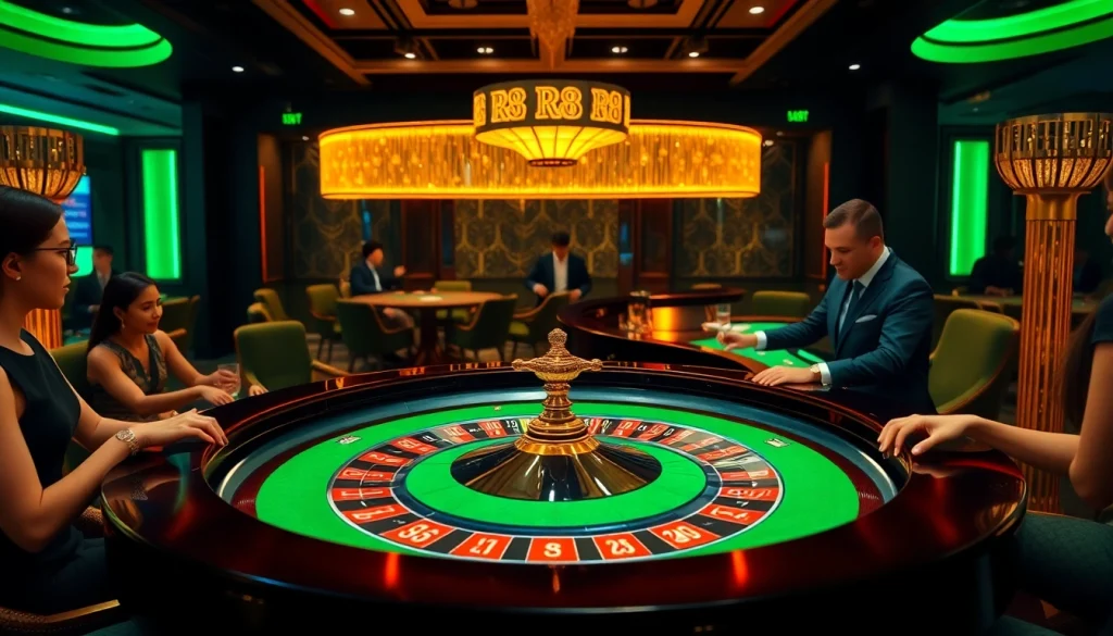 Experience the excitement of RR88's casino with players enjoying a luxurious roulette game.