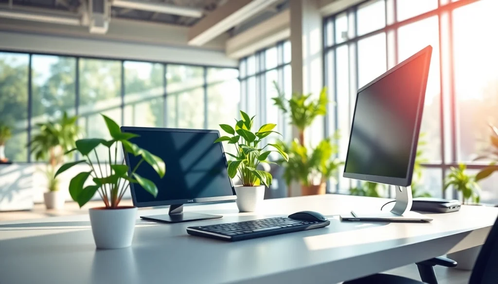 Engaging workspace in a typing center showcasing a modern desk setup with a computer and keyboard.