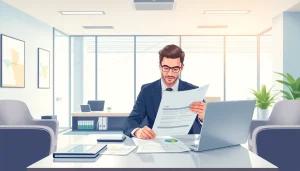 Menyimpan deposit 1k di bank, seorang penasihat keuangan memeriksa dokumen dengan profesional.