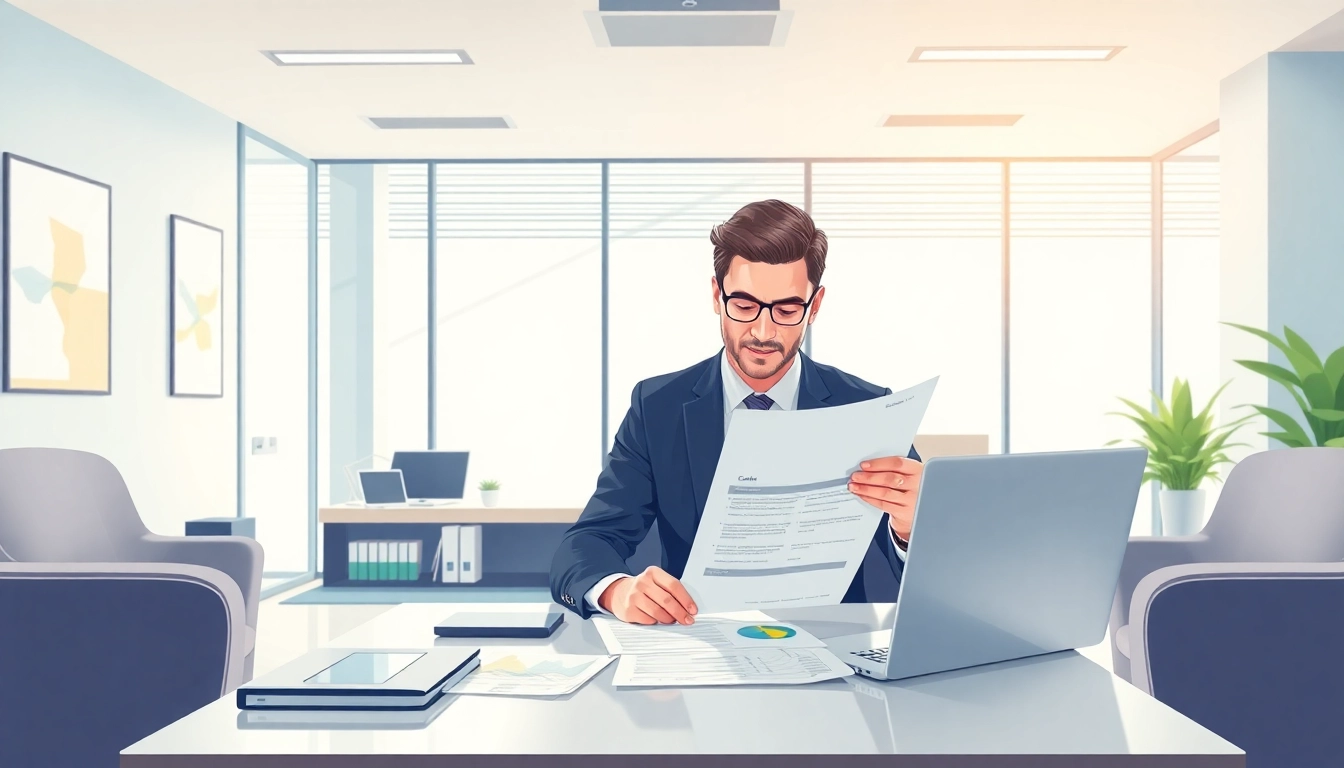 Menyimpan deposit 1k di bank, seorang penasihat keuangan memeriksa dokumen dengan profesional.