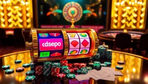 Berinteraksi dengan slot depo pulsa di adegan kasino yang semarak ini yang menampilkan mesin slot berwarna-warni.