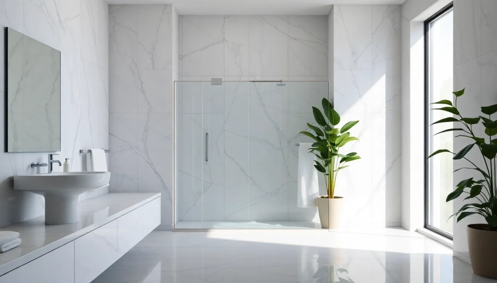 Stylish shower screen door enhancing a modern bathroom's elegance with vibrant light.
