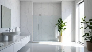 Stylish shower screen door enhancing a modern bathroom's elegance with vibrant light.