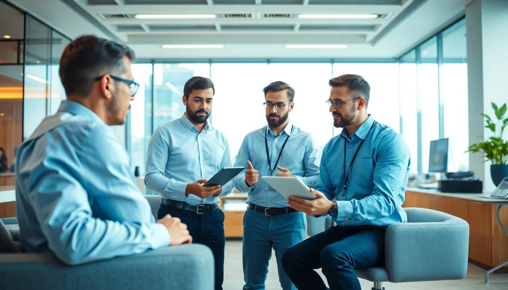 Engaging professionals showcasing AI first warranty company solutions in a modern office.