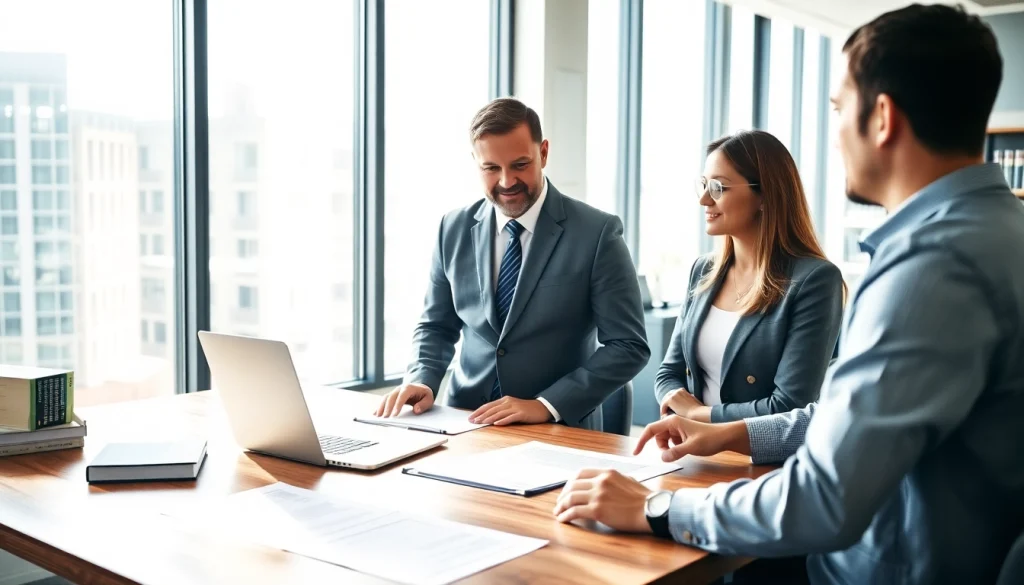 Intellectual property lawyer consulting with a client in a modern office environment